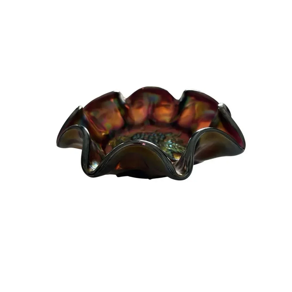 Heavy Grape Carnival Glass Ruffle Edged Bowl 7.5” Antique Purple Iridescent